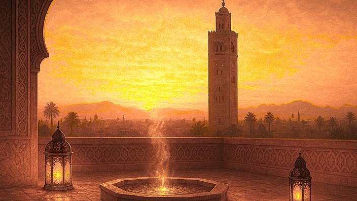 Marrakesch im Abendlicht. Foto mit Hilfe von ChatGPT erstellt